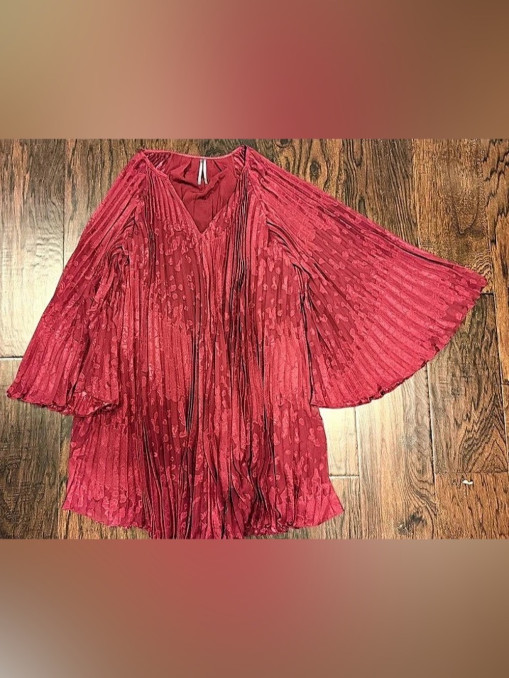 Anthropologie Burgundy Pleated Burnout Floral V-Neck Shift Dress